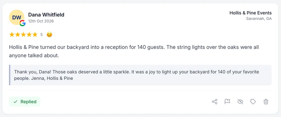 A five-star Google review for a sample events business with the owner's reply underneath, thanking the guest by name and mentioning the string lights over the oaks