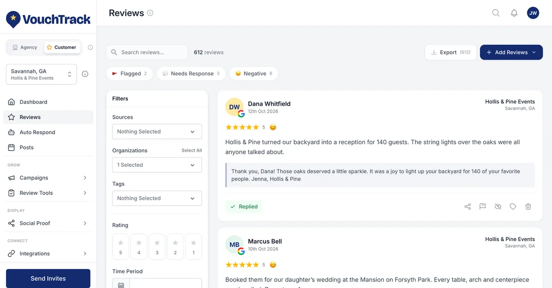 Reviews screen: every review with the reply posted underneath, plus filters for flagged, needs response and negative reviews