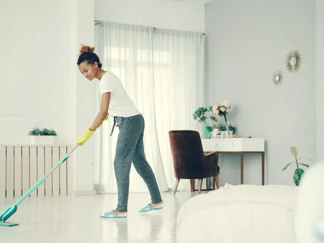 Cleaner mopping the floor of a bright living room