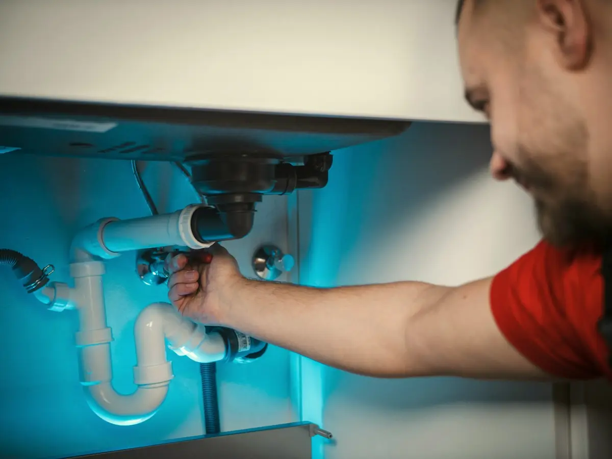 Plumber fixing the pipes under a sink